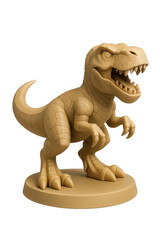 Fototapeta premium Stylized tyrannosaurus dinosaur figurine on round base with open jaws small arms and textured body on white background showing prehistoric toy sculpture and creature model display art