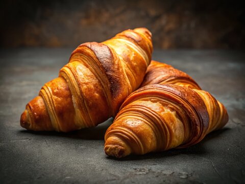 Delicious Golden Brown Croissants on Dark Grey Background - Stock Photo
