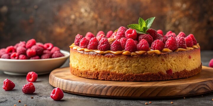 Delicious Hazelnut Raspberry Cake with Copy Space - Stock Photo