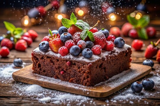 Delicious Homemade Chocolate Brownie Cake with Summer Berries & Festive Powdered Sugar Stars - Night Photography