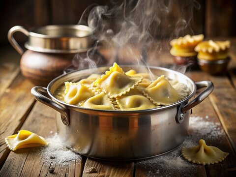 Delicious Homemade Ravioli Boiling in Pot on Stovetop - Stock Photo