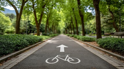 Peaceful tree-lined pathway with bicycle lane in sunny park