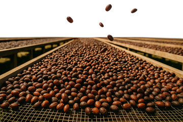 Fototapeta premium Roasted coffee beans moving across a metal sorting conveyor inside a processing facility for agriculture production quality control sustainable trade and industrial food supply concepts