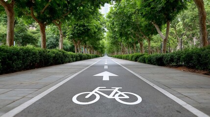 Obraz premium Tree-lined bicycle pathway with arrow and bike symbol for cycling enthusiasts