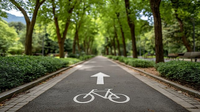 Peaceful tree-lined pathway with bicycle lane in sunny park