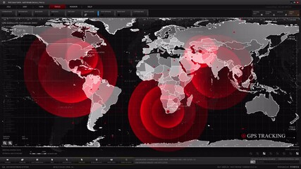 Futuristic Global Surveillance Interface Animating GPS Satellite Tracking Across a Digital World Map. - Powered by Adobe