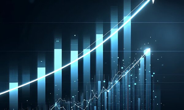 White financial line graph growing over a digital blue world map grid global economy concept video.