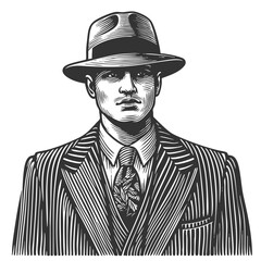 gangster wearing sunglasses, a pinstripe suit, and a fedora hat sketch engraving generative ai fictional character vector illustration. Scratch board imitation. Black and white image.