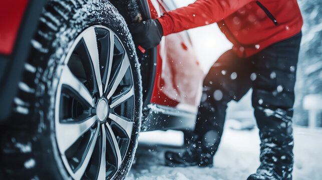 Mechanic changing car tires to winter model, safety and readiness concept