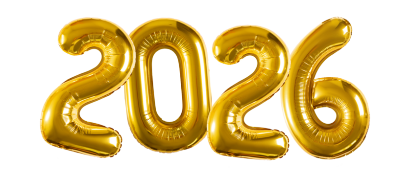 Shiny gold inflatable balloons shaped as the numbers 2026, reflective metallic surface catching light, elegant festive look, on transparent background