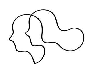 Minimalist line art illustration of two overlapping human profiles facing the same direction. Abstract continuous one-line drawing symbolizing connection, unity, and relationships.