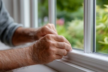 Elderly caucasian male adjusting window seal for weatherproofing in bright room