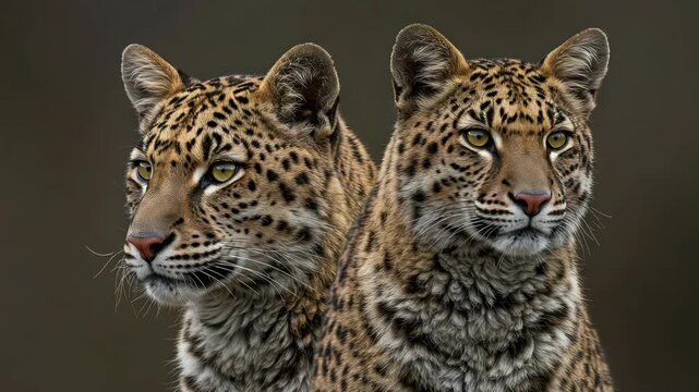 Two leopards portrait close up against a blurred background