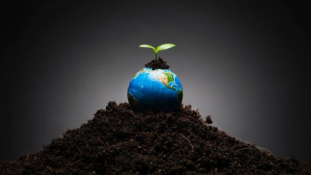 A small plant sprouts from the top of a globe sitting in soil