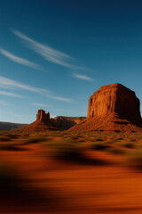 Monument Valley red sandstone buttes in desert landscape under deep blue sky with motion blur foreground iconic American southwest travel destination natural rock formations