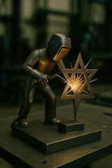 Fototapeta premium Masked miniature welder leans into a glowing metal star on a small base as bright sparks illuminate a shadowy workshop setting with craft skill focus industrial atmosphere and dramatic light