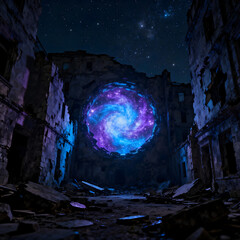 ruins city at night with blackhole