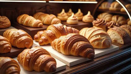 Variety of freshly baked croissants and pastries in a bakery display case