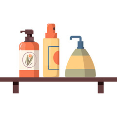 Three Bottles of Liquid Products Including Shampoo Conditioner and Soap on a Shelf with Floral Emblem and Abstract Designs Isolated on Transparent Background Realistic Illustration