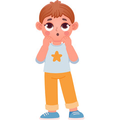 Surprised Young Boy With Brown Hair Wearing Blue T Shirt With Orange Star And Orange Pants And Blue Shoes In A White Background With Transparent Background