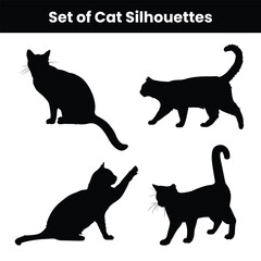 set of cat silhouettes in various poses showing domestic feline shapes perfect for pet animal design decoration and creative vector artwork