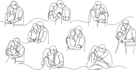 Minimalist line art couples in love, hugging, kissing, holding hands, emotional connection, romantic gestures, intimate relationship illustration