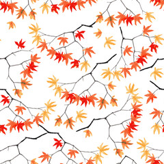 Vector Maple tree branch with red and gold autumn leaves. Seamless pattern on a white background