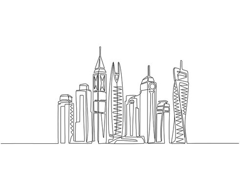 Single line drawing of modern cityscape of Saudi Arabia. kingdom of Saudi Arabia modern city landmark.