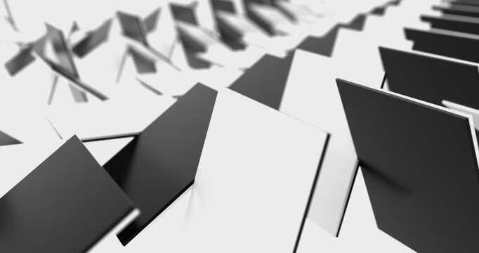 Multiple panels rotate in synchronized order, displaying their alternating faces, which are white and black. eventually fit together to form a smooth white surface. 3D loop animation