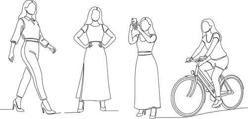 Minimalist line art of four women in motion—walking, posing, taking selfie, cycling—modern lifestyle and fashion illustration series