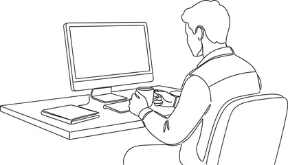 Remote work desk scene with person using computer, holding coffee cup, office chair, keyboard, notebook, digital workspace illustration