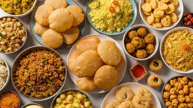 Assortment of indian snacks and sweets served in bowls