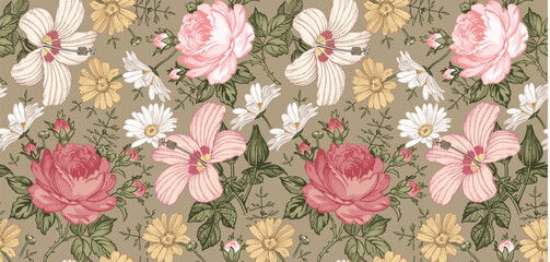 Seamless pattern. Beautiful pink blooming realistic isolated flowers. Vintage background. Set Chamomile Roses hibiscus mallow wildflowers. Wallpaper. Drawing engraving. Vector victorian Illustration