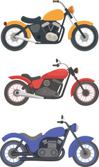 Obraz premium Minimalist Vector Illustration of Three Stylish Motorcycles in Different Colors on White Background - Modern Motorcycle Design