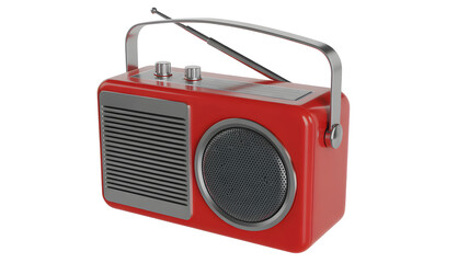 Fototapeta premium Vibrant retro red portable radio with chrome accents and telescopic antenna, perfect for nostalgic music listening and vintage decor inspiration.