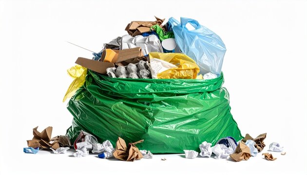 Overflowing green garbage bag with mixed waste on cluttered surface