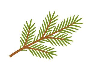 Simple spruce branch with green needles and brown stem. Hand drawn trendy flat style isolated.For Christmas, stickers, nature designs, cards, packaging, festive decorations. Vector illustration