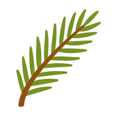 Simple spruce branch with green needles and brown stem. Hand drawn trendy flat style isolated.For Christmas, stickers, nature designs, cards, packaging, festive decorations. Vector illustration