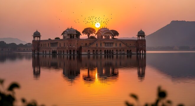 Jal Mahal reflecting in Man Sagar Lake at sunrise with birds flying above it