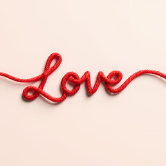 3D word &ldquo;Love&rdquo; twisted around with red thread on a minimal soft background.