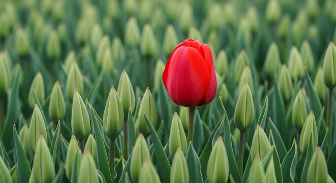 Single red tulip stands out among a field of unopened green tulip buds outside