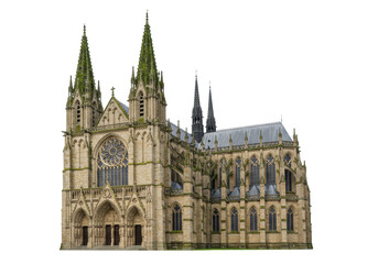 Fototapeta premium Isolated Catholic cathedral architecture exterior with towers and intricate stone detail