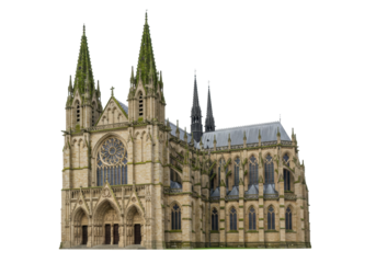 Isolated Catholic cathedral architecture exterior with towers and intricate stone detail