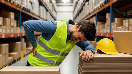 Warehouse worker suffering back pain after heavy lifting representing workplace safety and injury prevention.