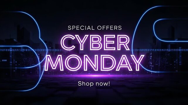 Cyber monday special offers with neon text and city background