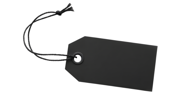 Elegant blank black tag with rustic twine string perfect for branding, pricing, or personalized gift embellishments