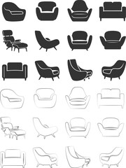 Vector art of furniture silhouettes a collection of diverse chair and sofa designs, showcasing modern and classic styles for interior decor silhouette