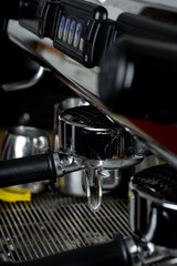 Aesthetics and elements of a coffee machine in a cozy cafe