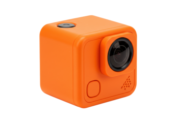 Isolated vivid orange action camera with lens facing viewer for video capture and photography