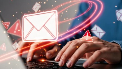 Man receiving email security alert and phishing warning concept with digital spam notifications on laptop. - Powered by Adobe